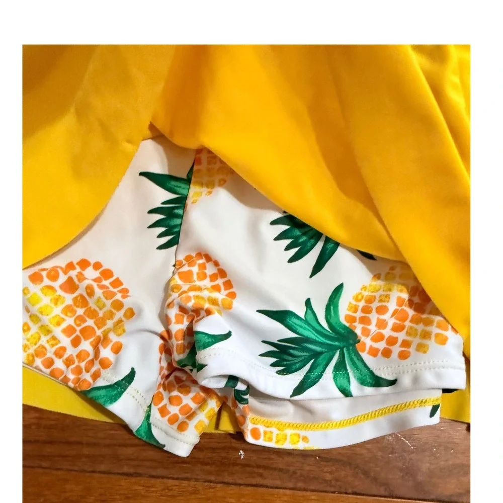 Girls Yellow Pineapple Print Two Piece Swim Skirt Set Size 9T Tropical Swimsuit